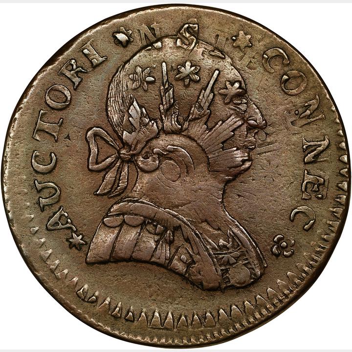 1788-Connecticut-Copper.-Miller-5-B.2,-W-4440.-Rarity-4+.-Mailed-Bust-Right-Overstruck-On-Nova-Cons